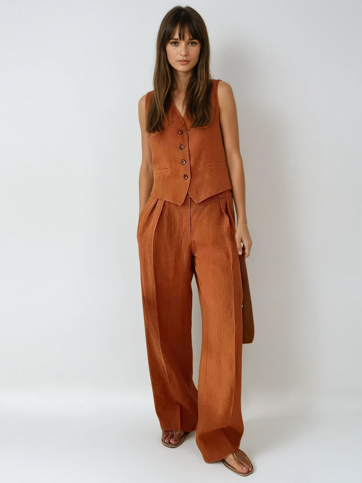 Woman in a terracotta cotton and linen two-piece set