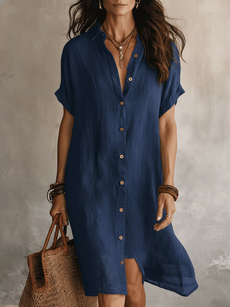 Céleste | Linen and Cotton Button-Through Midi Shirt Dress
