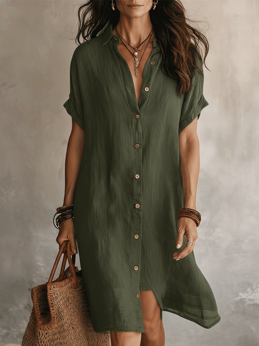 Céleste | Linen and Cotton Button-Through Midi Shirt Dress