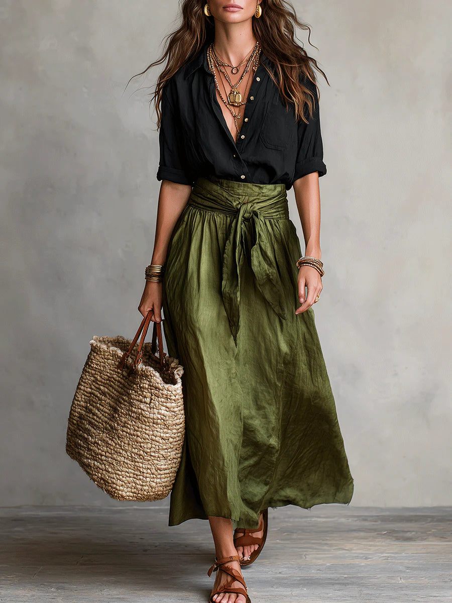 Alina | Elegant Two-Piece Set: Black Top and Midi Skirt