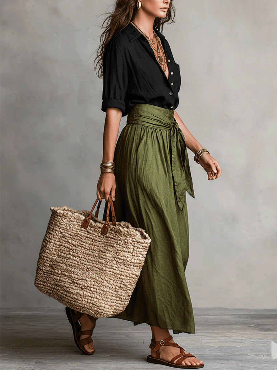 Alina | Elegant Two-Piece Set: Black Top and Midi Skirt