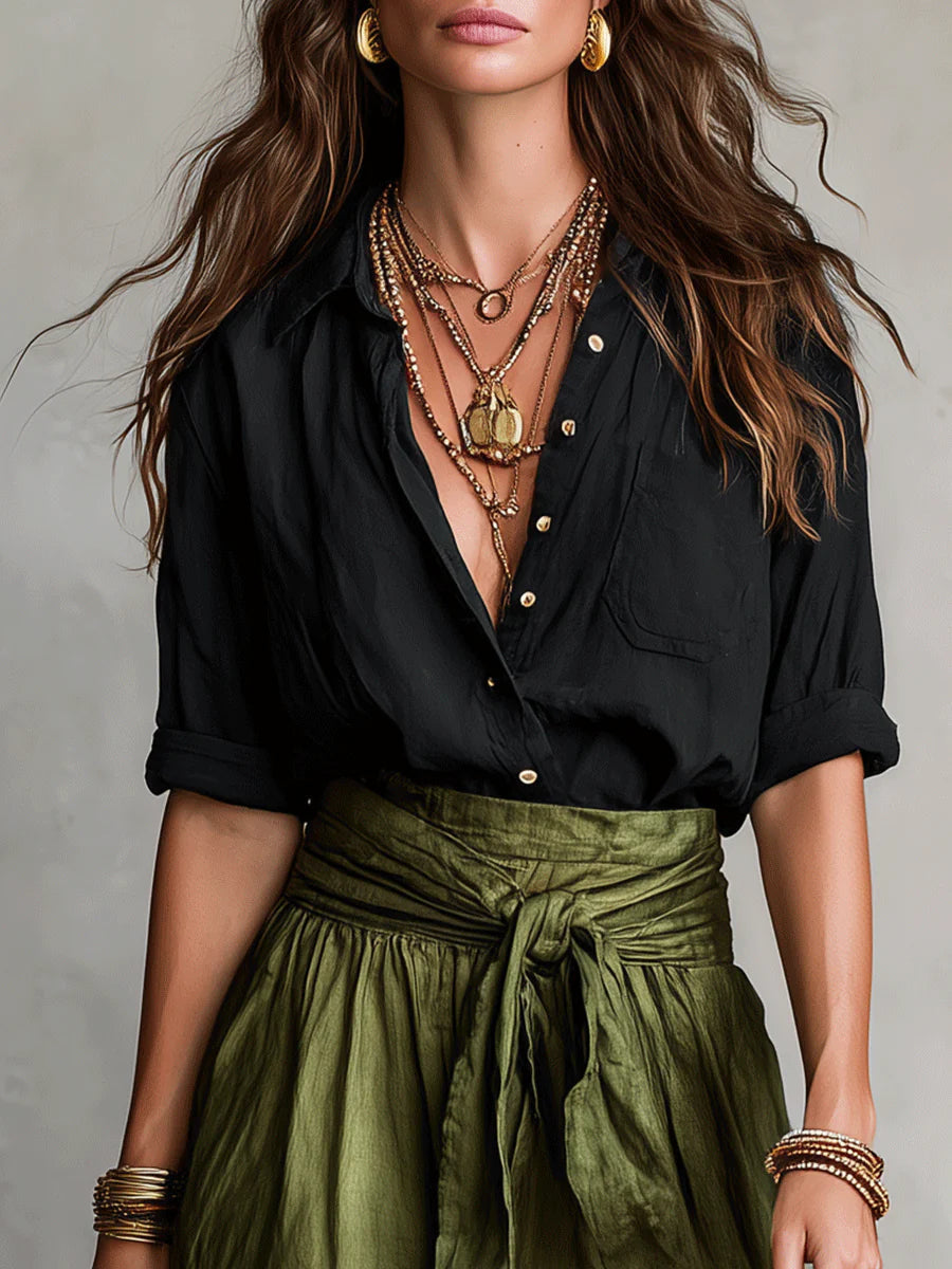Alina | Elegant Two-Piece Set: Black Top and Midi Skirt
