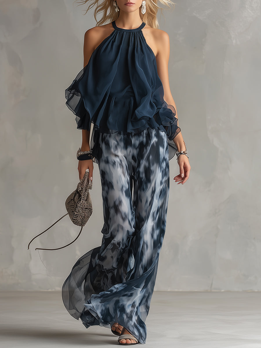 Alina | Navy Halterneck Top and Printed Wide-Leg Trouser Set
