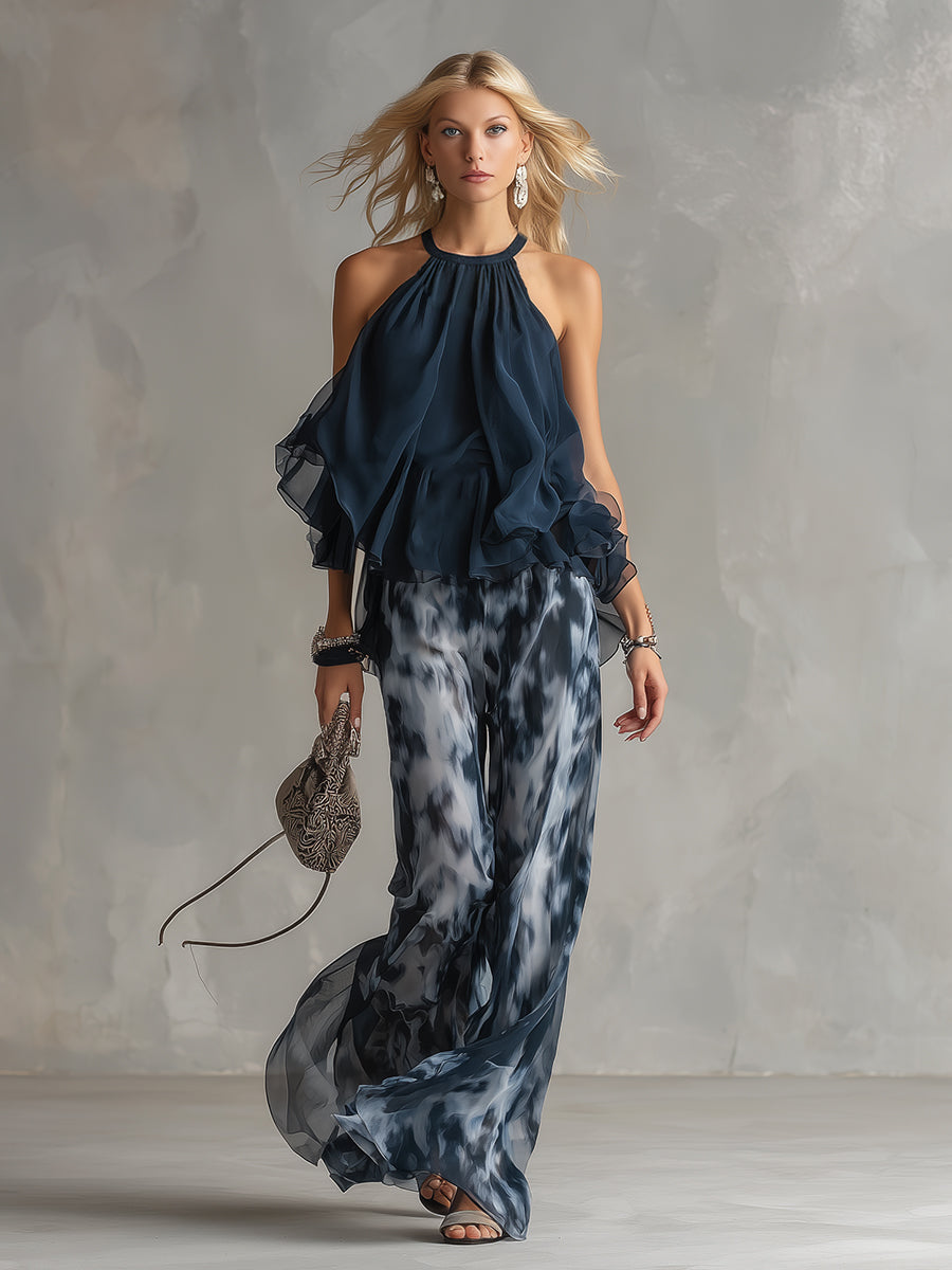 Alina | Navy Halterneck Top and Printed Wide-Leg Trouser Set