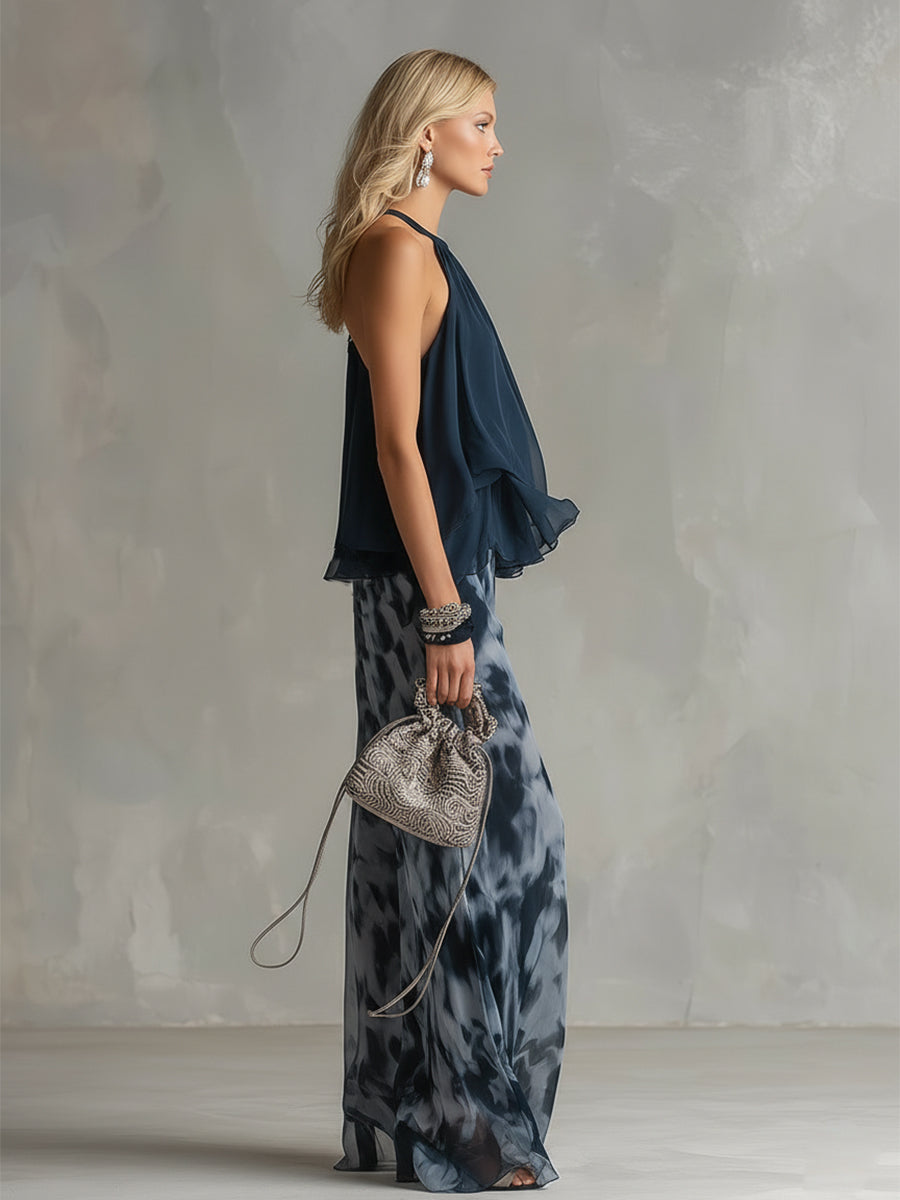 Alina | Navy Halterneck Top and Printed Wide-Leg Trouser Set