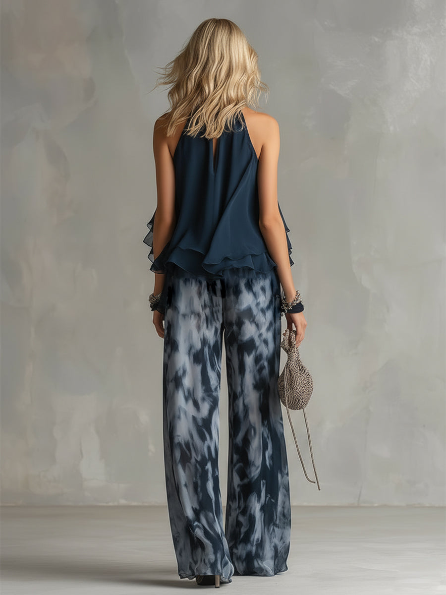 Alina | Navy Halterneck Top and Printed Wide-Leg Trouser Set