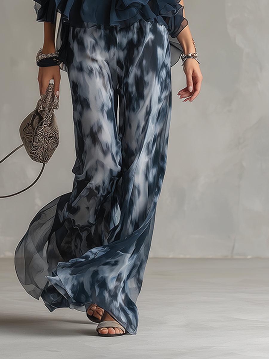 Alina | Navy Halterneck Top and Printed Wide-Leg Trouser Set