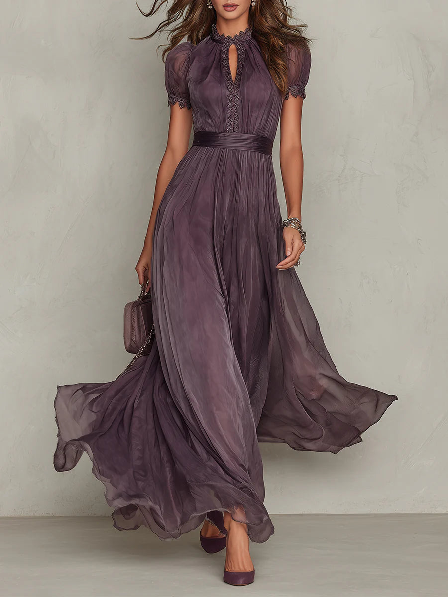Alina | Purple Lace-Trim Chiffon Maxi Dress
