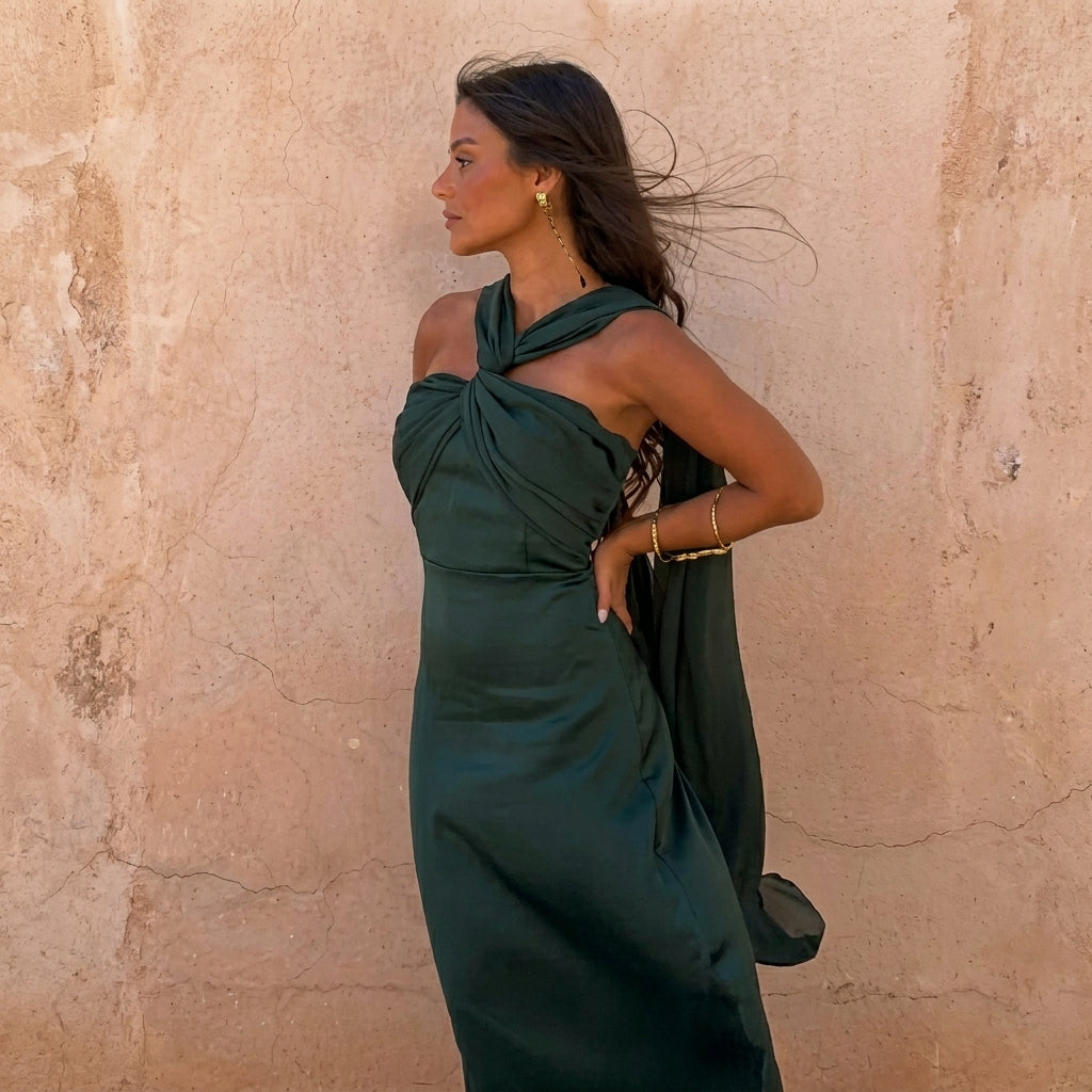 Aloe | Asymmetric Cross-Neck Satin Midi Dress