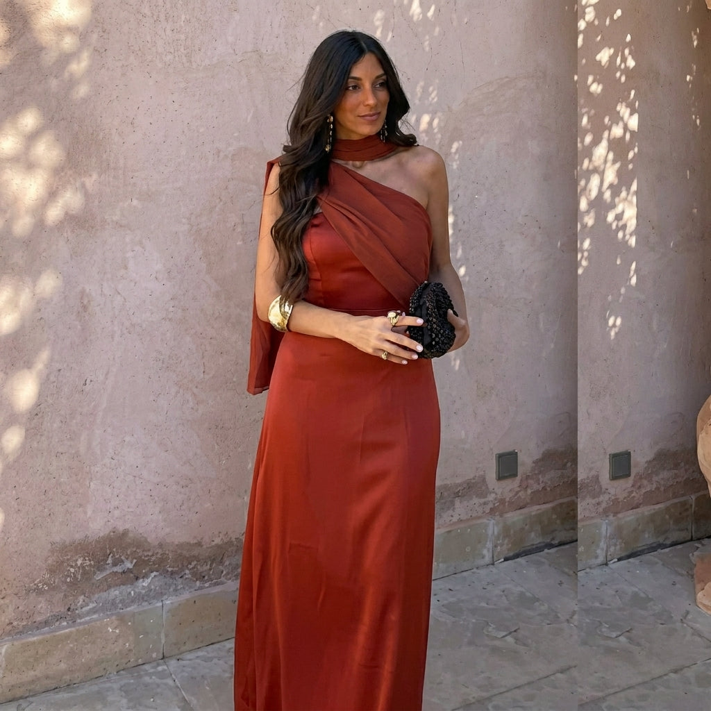 Aloe | Asymmetric Cross-Neck Satin Midi Dress