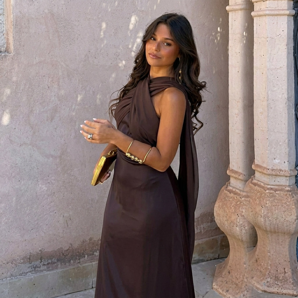 Aloe | Asymmetric Cross-Neck Satin Midi Dress