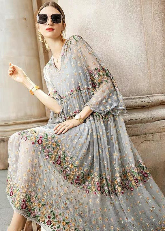 Boutique | Grey V Neck Embroideried Lace Tulle Dresses Two Pieces Set Spring