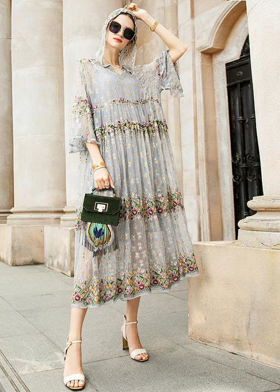 Boutique | Grey V Neck Embroideried Lace Tulle Dresses Two Pieces Set Spring