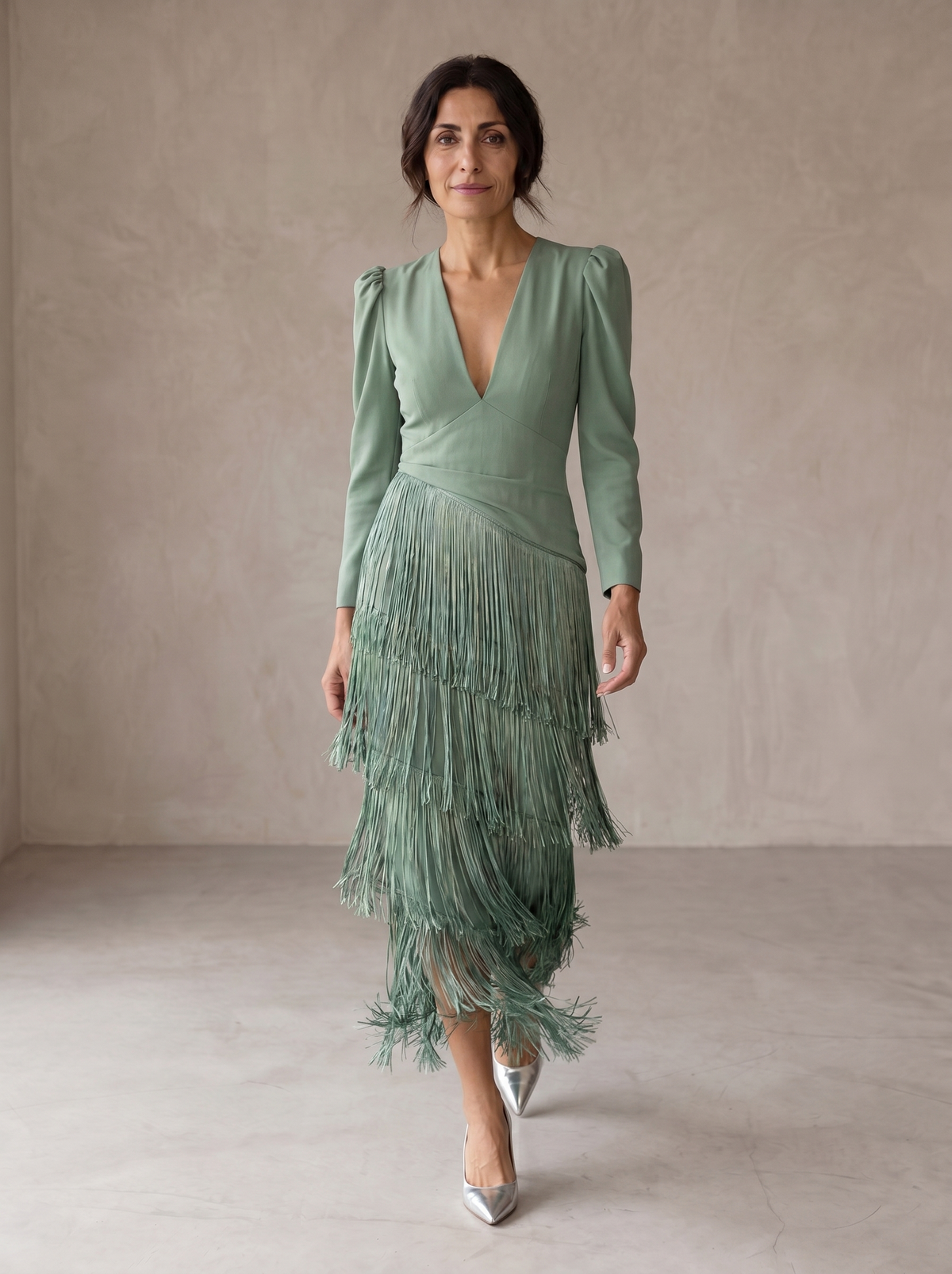 Chiara | Long-Sleeve Fringed Midi Dress