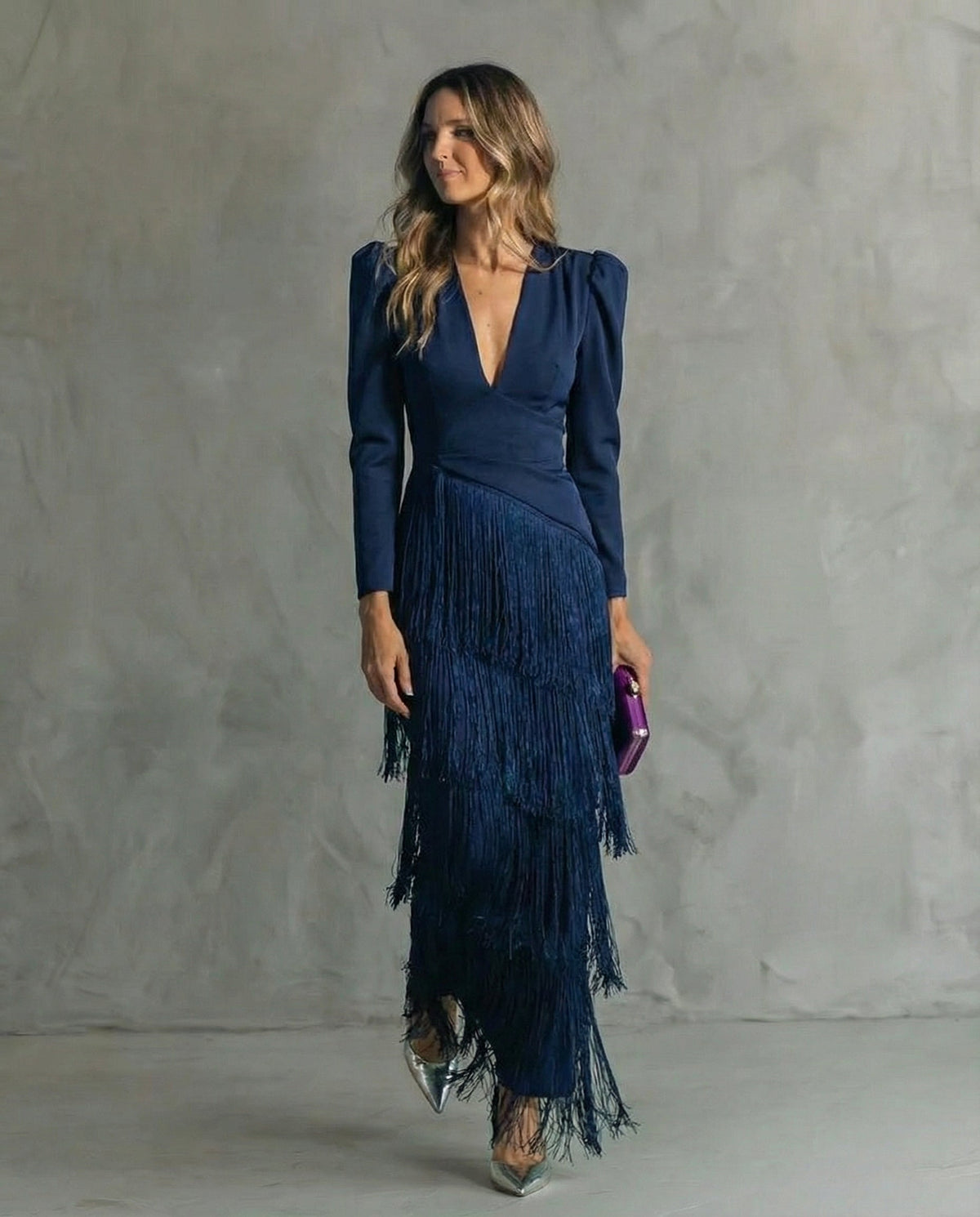 Chiara | Long-Sleeve Fringed Midi Dress