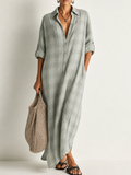 Colette | Women's Retro Casual Plaid Print Cotton Linen Shirt Long Sleeve Midi Dress Zmz2304E8Zjy