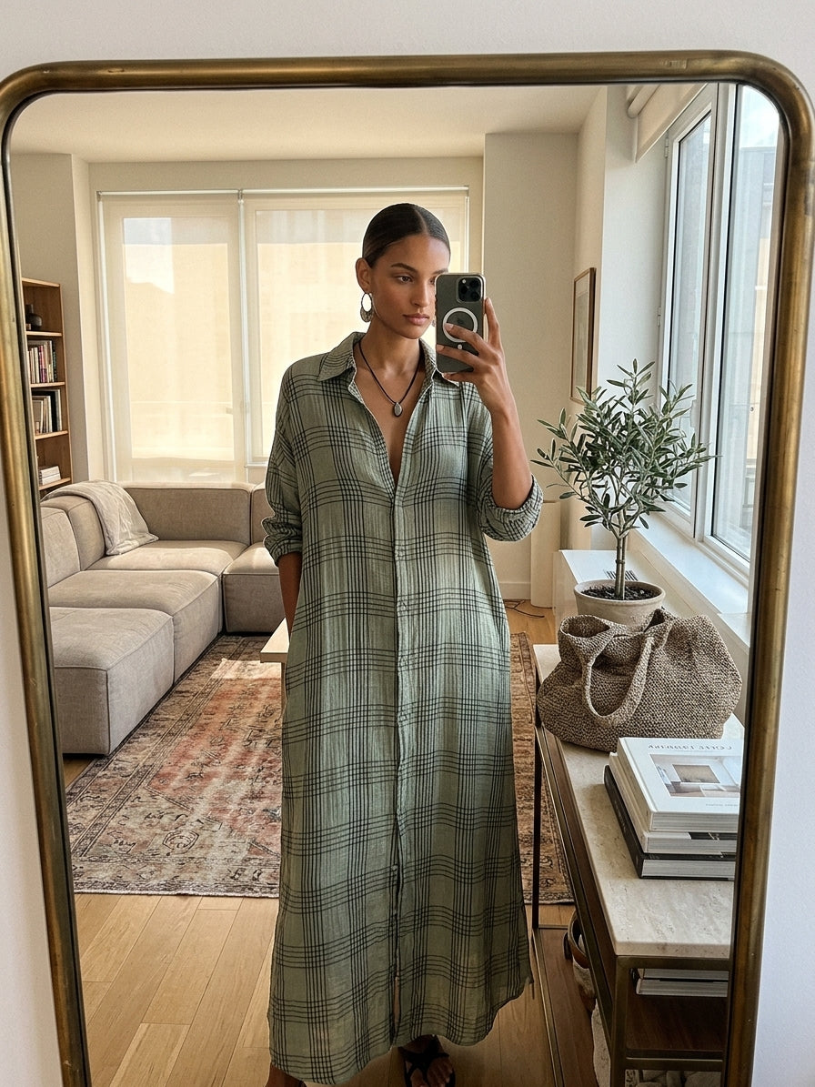 Colette | Women's Retro Casual Plaid Print Cotton Linen Shirt Long Sleeve Midi Dress Zmz2304E8Zjy