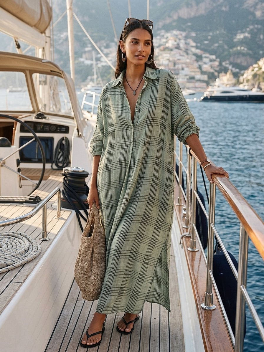 Colette | Women's Retro Casual Plaid Print Cotton Linen Shirt Long Sleeve Midi Dress Zmz2304E8Zjy