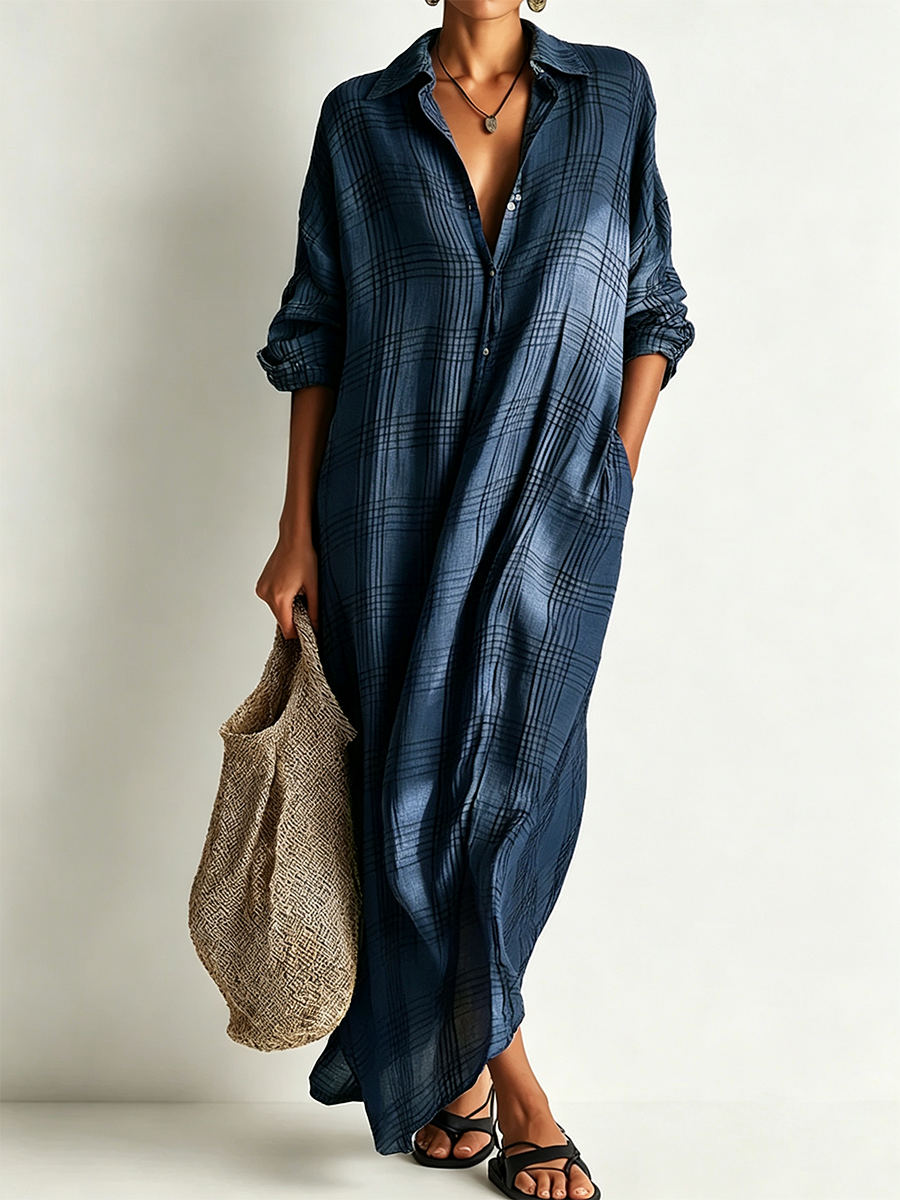 Colette | Women's Retro Casual Plaid Print Cotton Linen Shirt Long Sleeve Midi Dress Zmz2304E8Zjy