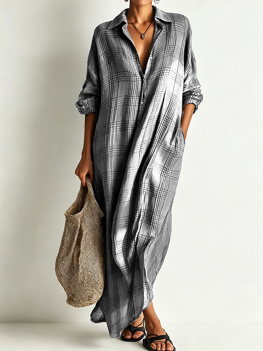 Colette | Women's Retro Casual Plaid Print Cotton Linen Shirt Long Sleeve Midi Dress Zmz2304E8Zjy