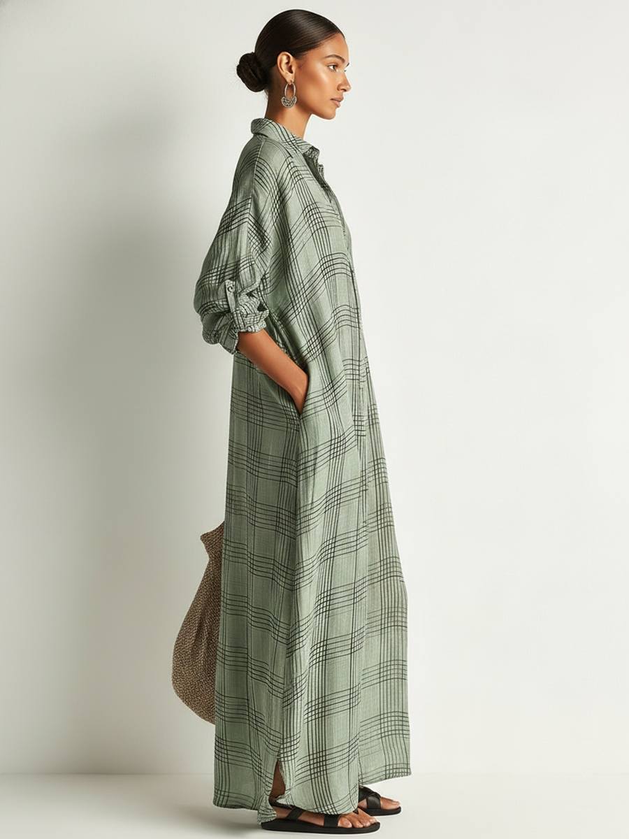 Colette | Women's Retro Casual Plaid Print Cotton Linen Shirt Long Sleeve Midi Dress Zmz2304E8Zjy