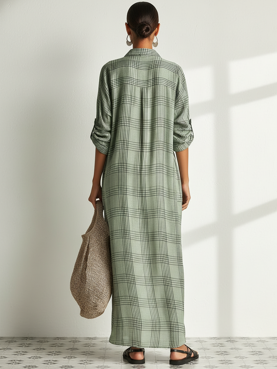 Colette | Women's Retro Casual Plaid Print Cotton Linen Shirt Long Sleeve Midi Dress Zmz2304E8Zjy