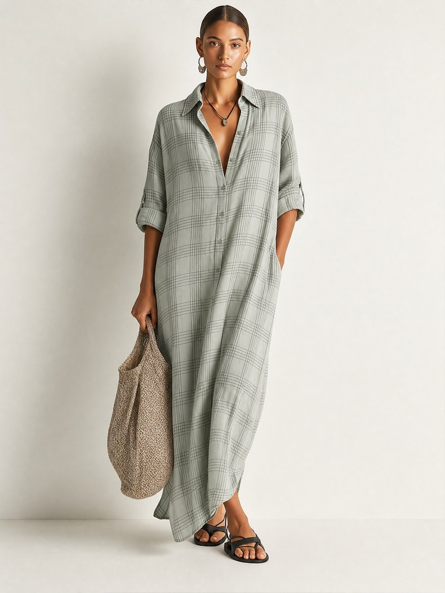 Colette | Women's Retro Casual Plaid Print Cotton Linen Shirt Long Sleeve Midi Dress Zmz2304E8Zjy