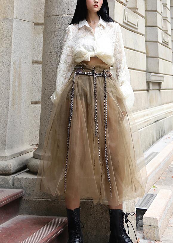 Comfy | Khaki Tie Waist Patchwork Tulle Skirt Summer