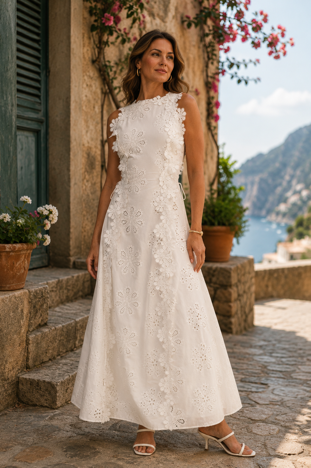 Della | Embroidered Cotton Maxi Dress with Lace