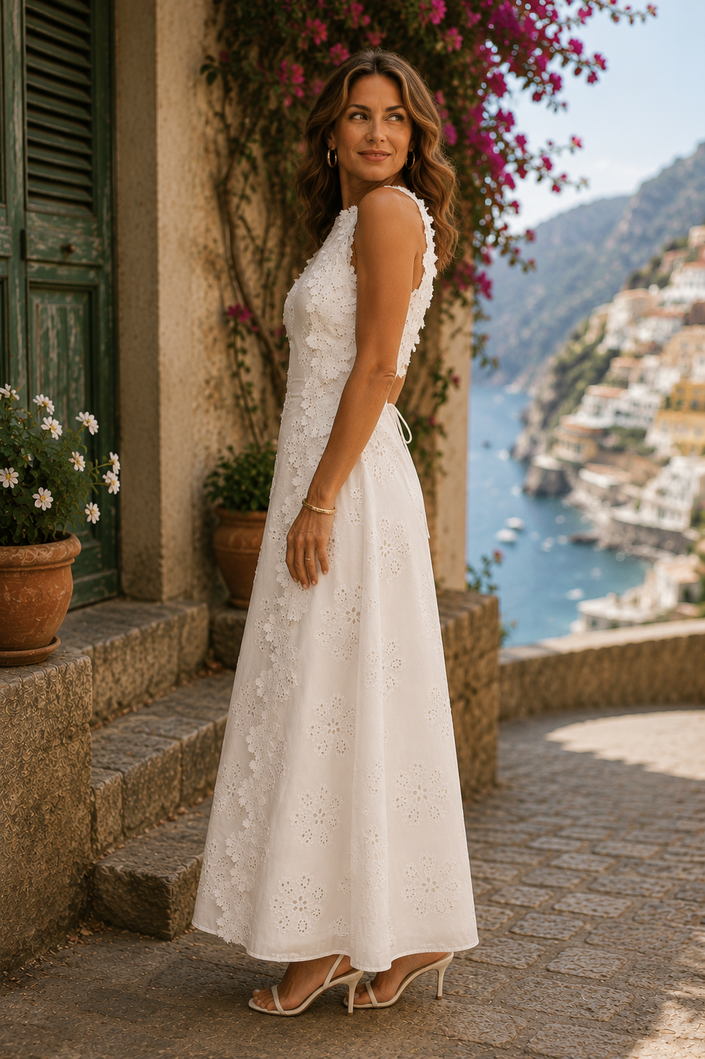 Della | Embroidered Cotton Maxi Dress with Lace
