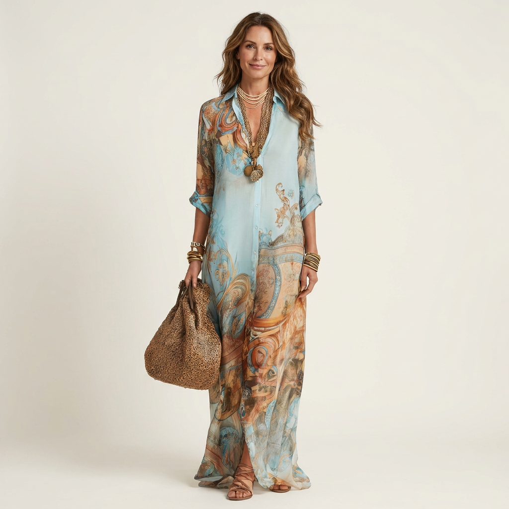 Lanie | Baroque-Print Silk Maxi Shirt Dress