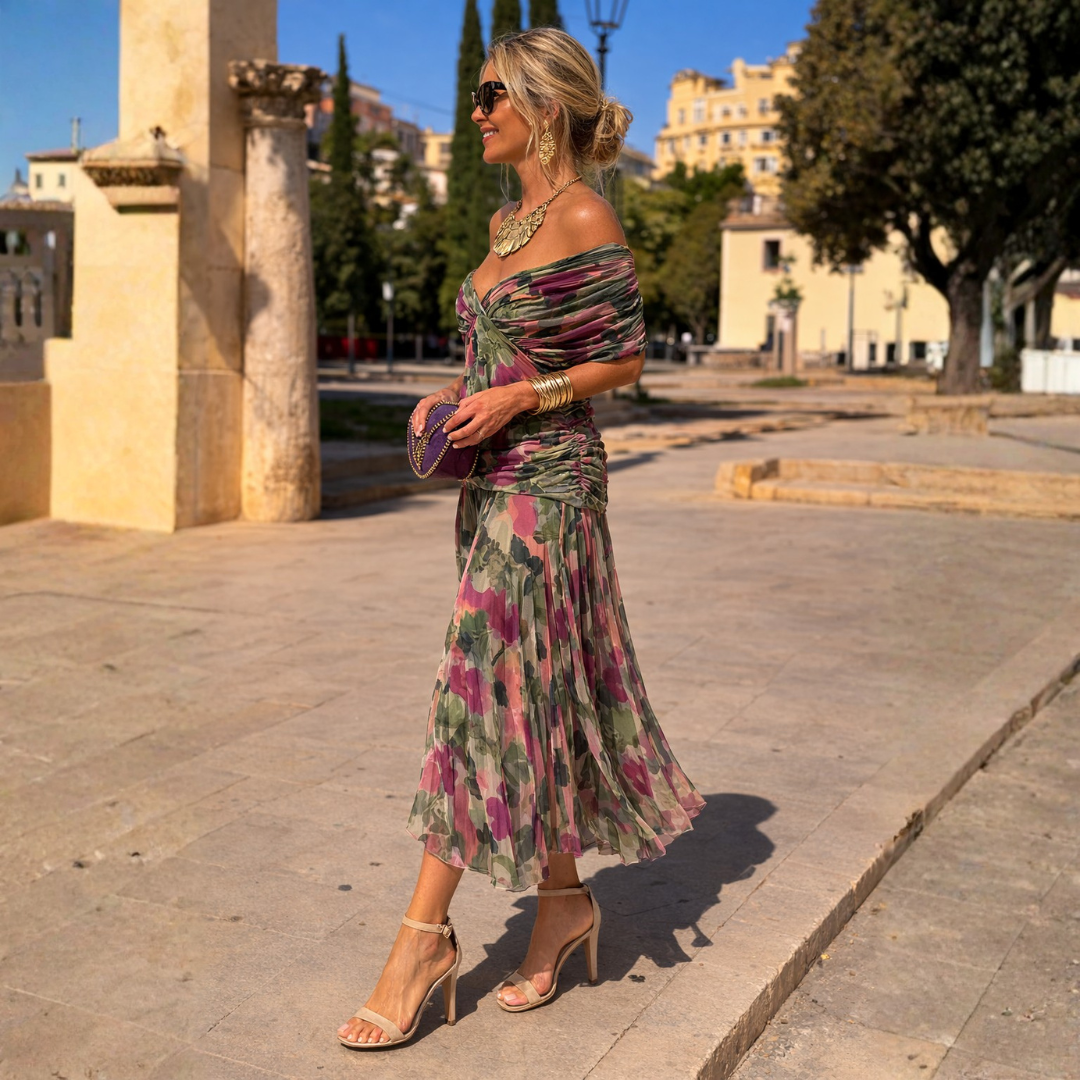 Mikaela | Off-Shoulder Draped Chiffon Maxi Dress