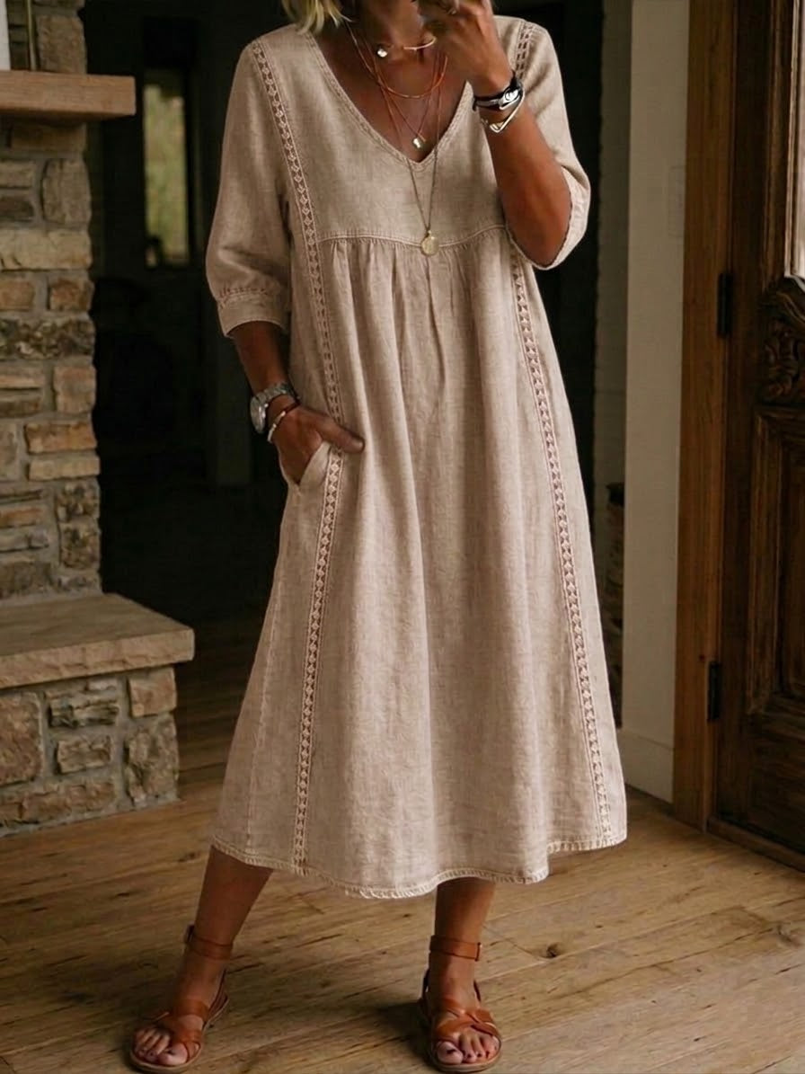 Aurélie | Relaxed Linen and Cotton Dress with Lace