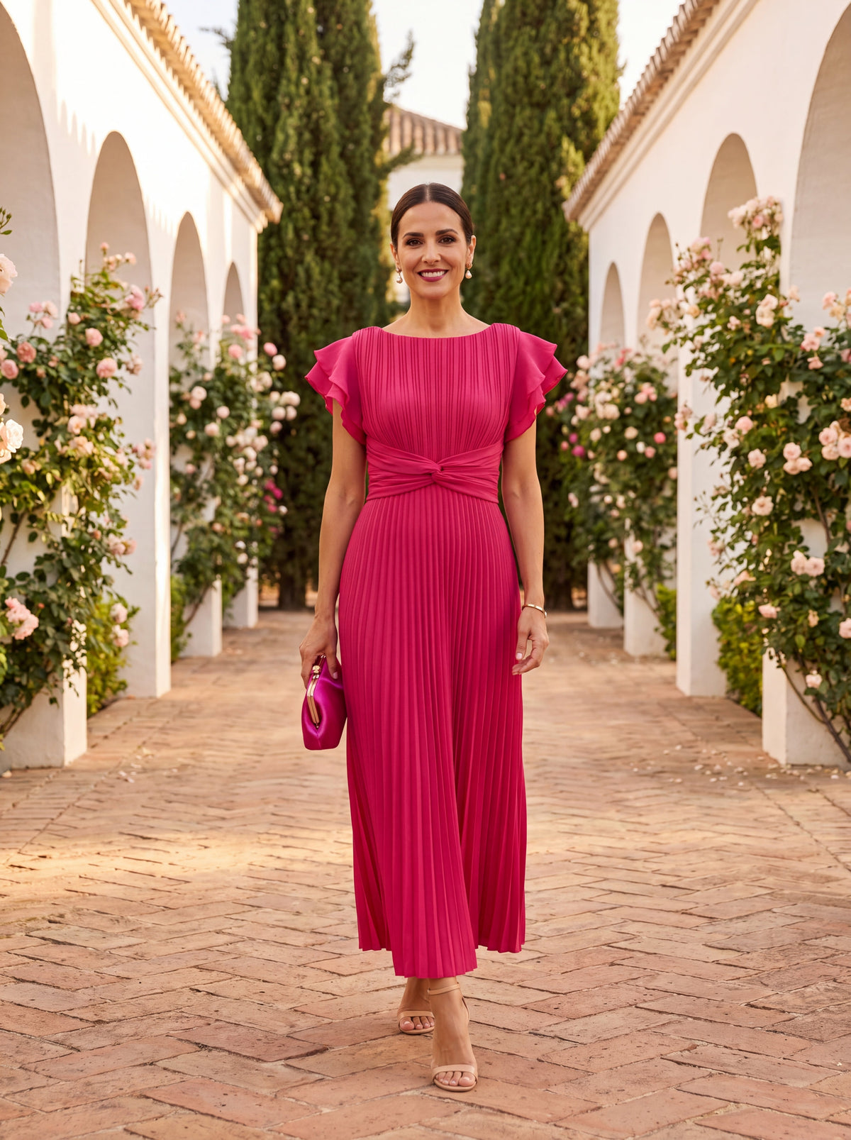 Seraphina | Pleated Viscose Maxi Dress with Tie Belt