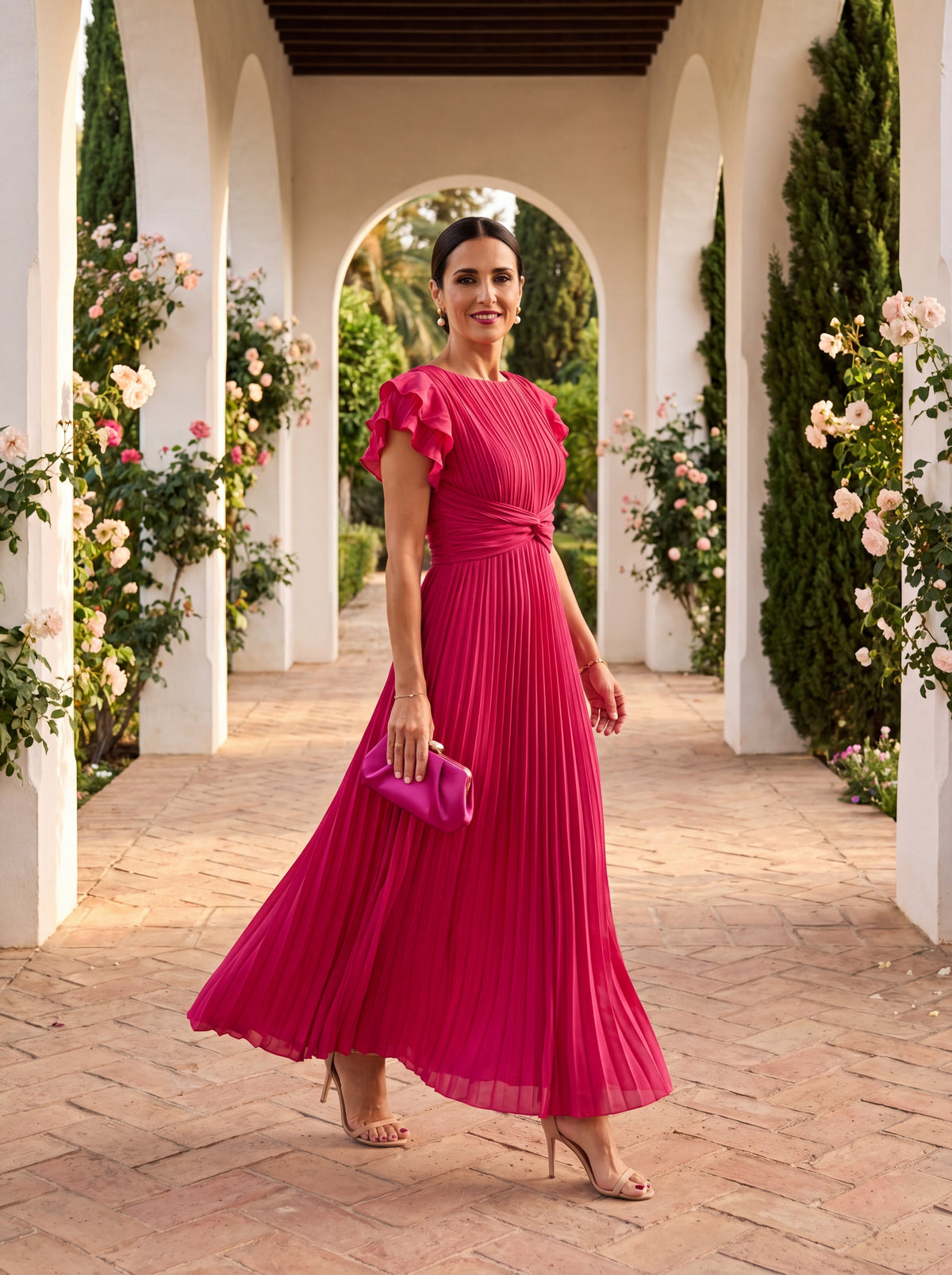 Seraphina | Pleated Viscose Maxi Dress with Tie Belt