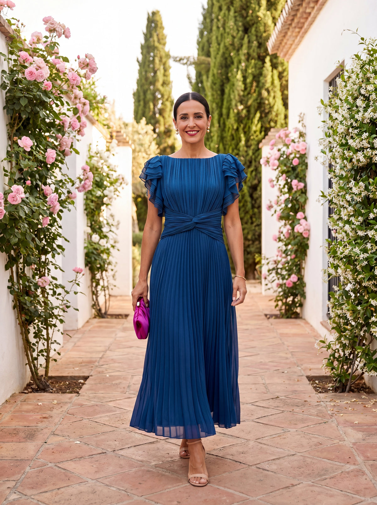 Seraphina | Pleated Viscose Maxi Dress with Tie Belt