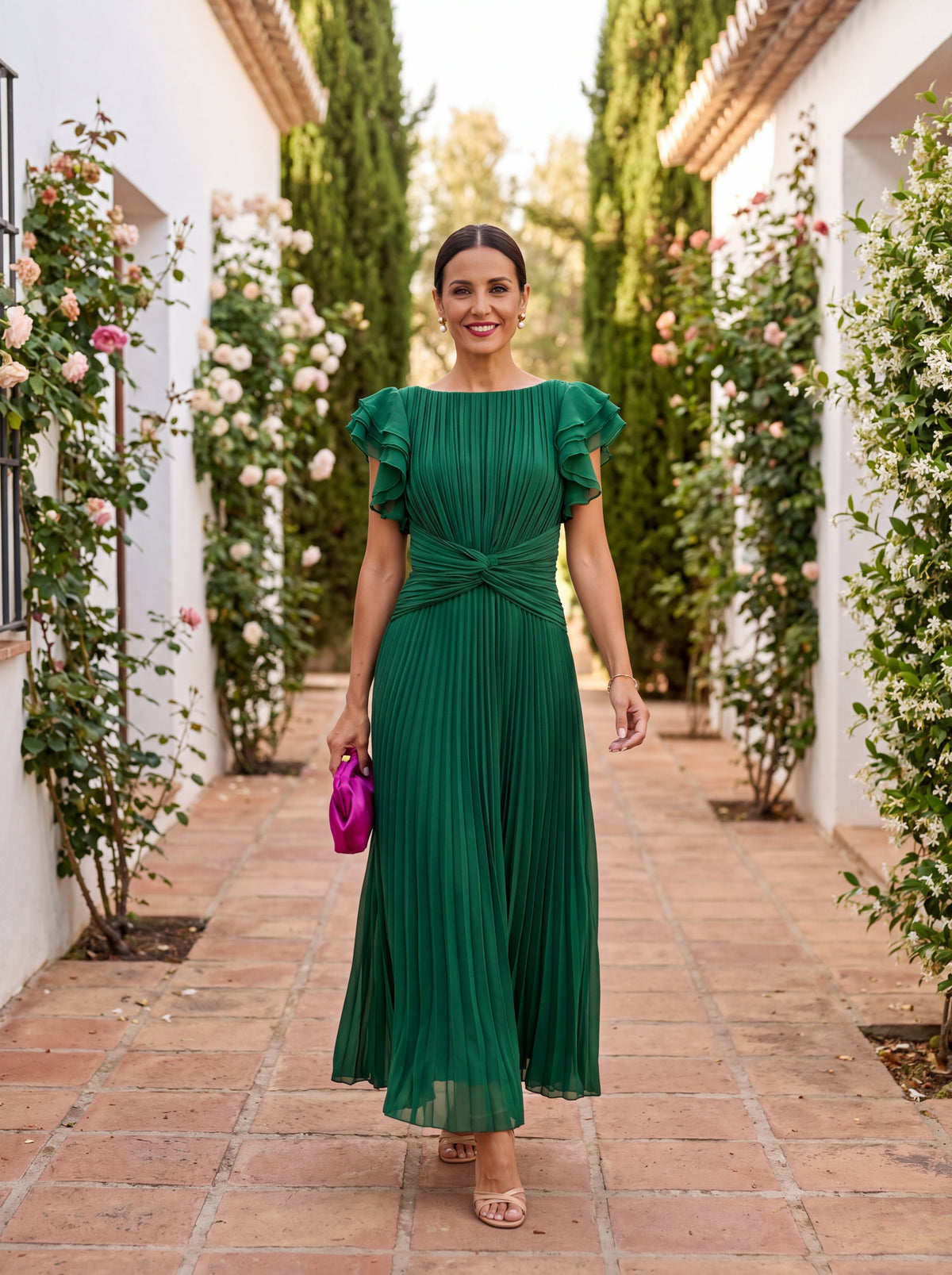 Seraphina | Pleated Viscose Maxi Dress with Tie Belt