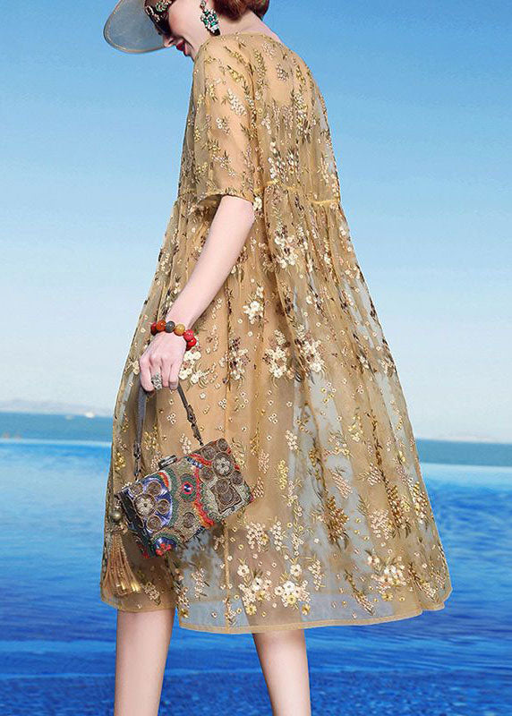 Unique | Yellow Embroidered Patchwork Tulle Maxi Dress Summer