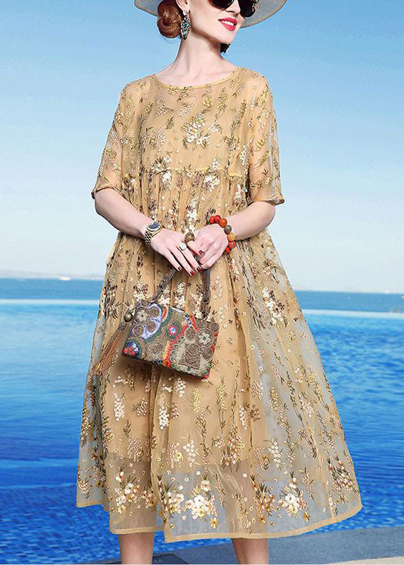 Unique | Yellow Embroidered Patchwork Tulle Maxi Dress Summer