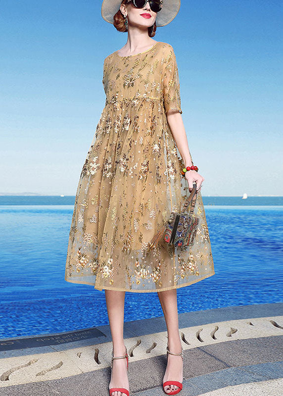 Unique | Yellow Embroidered Patchwork Tulle Maxi Dress Summer